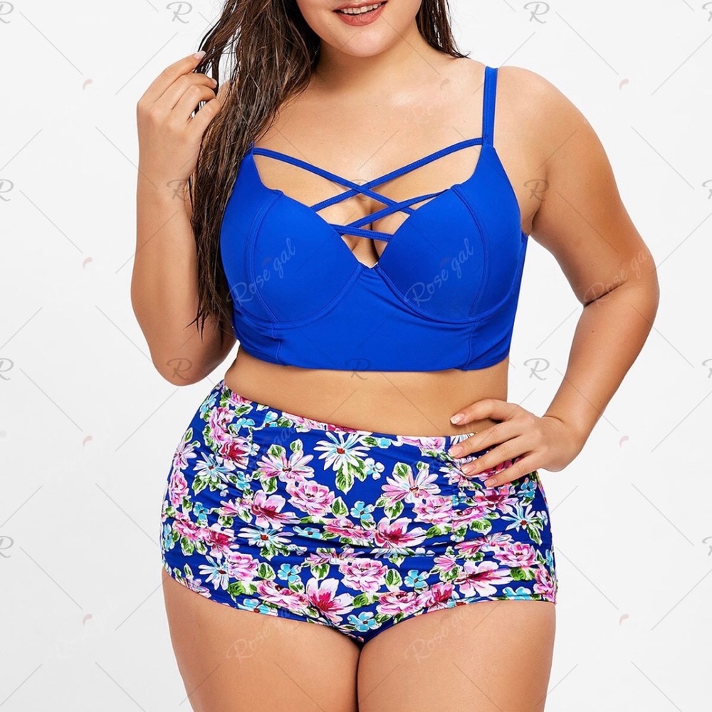 Floral Plus Size Lattice Cut Bustier Bikini Set